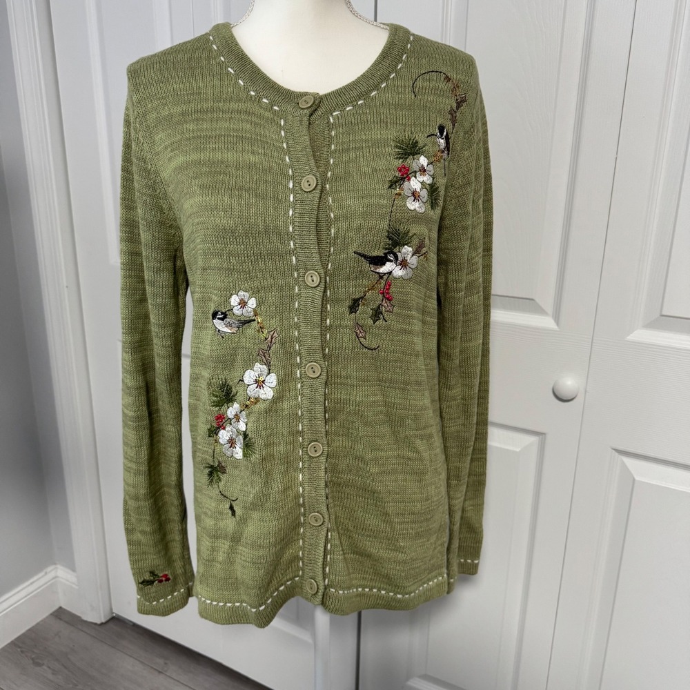 Blair Women Green Embroidered Bird Floral Cardigan Sweater Small Ramie Cotton